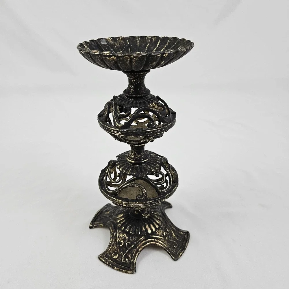 Brass Filigree Candle Holder Pierced Pillar Candlestick Moroccan Boho Old Patina